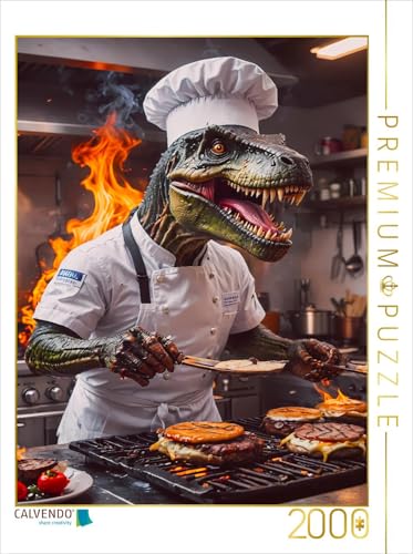 CALVENDO Puzzle Der T-Rex Chefkoch brät Burger | 2000 Teile Lege-Größe 67 x 90 cm Foto-Puzzle für glückliche Stunden von CALVENDO