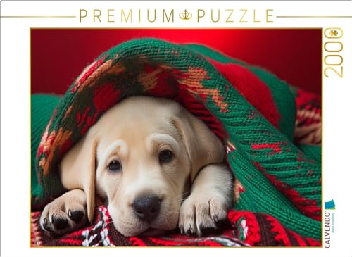 CALVENDO Puzzle EIN müder Labrador Retriever Welpe liegt unter Einer rot grünen Decke | 1000 Teile Lege-Größe 64 x 48 cm Foto-Puzzle für glückliche Stunden von CALVENDO