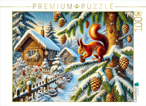 CALVENDO Puzzle Eichhörnchen Holt Sich die Zapfen am Tannenbaum im Winter | 1000 Teile Lege-Größe 64 x 48 cm Foto-Puzzle für glückliche Stunden von CALVENDO