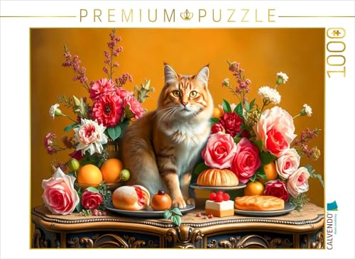 CALVENDO Puzzle Katze auf Tisch mit Blumen und Obst im Stil der Alten Meister | 1000 Teile Lege-Größe 64 x 48 cm Foto-Puzzle für glückliche Stunden von CALVENDO