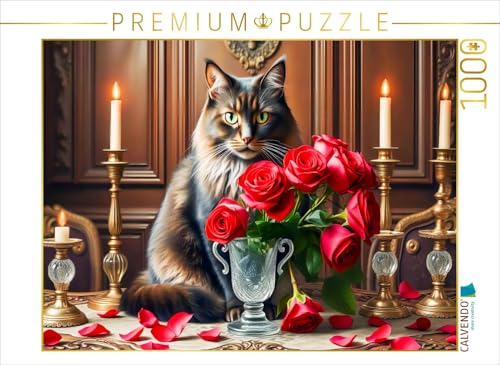 CALVENDO Puzzle Katze hinter Rosenstrauß mit Kerzen auf Gründerzeit-Tisch | 1000 Teile Lege-Größe 64 x 48 cm Foto-Puzzle für glückliche Stunden von CALVENDO