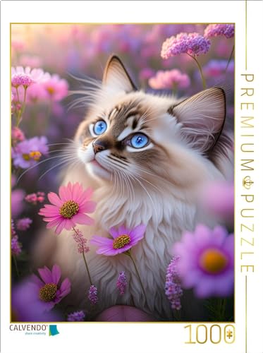 CALVENDO Puzzle Ragdoll schaut zwischen vielen zarten rosa Blüten hindurch | 1000 Teile Lege-Größe 48 x 64 cm Foto-Puzzle für glückliche Stunden von CALVENDO