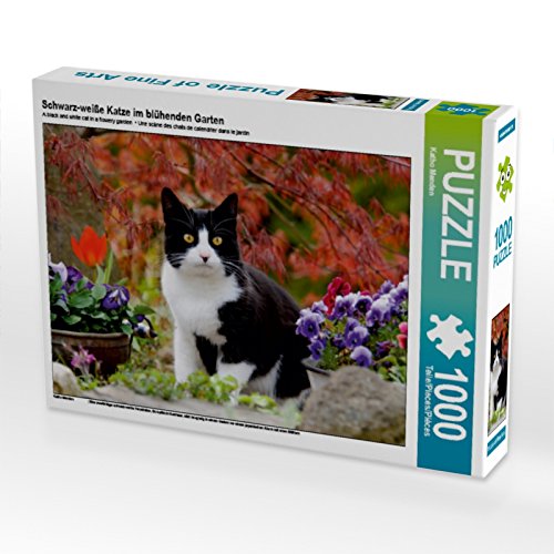 CALVENDO Puzzle Schwarz-weiße Katze im blühenden Garten 1000 Teile Lege-Größe 64 x 48 cm Foto-Puzzle Bild von Katho Menden von CALVENDO