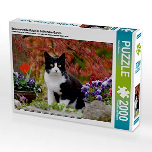 CALVENDO Puzzle Schwarz-weiße Katze im blühenden Garten 2000 Teile Lege-Größe 90 x 67 cm Foto-Puzzle Bild von Katho Menden von CALVENDO