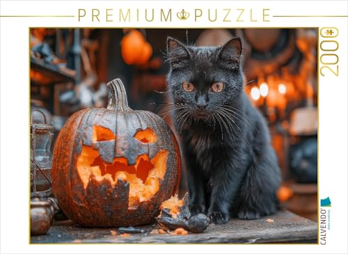 CALVENDO Puzzle Schwarze süße Katze und Halloween-Kürbis im Kerzenschein | 2000 Teile Lege-Größe 90 x 67 cm Foto-Puzzle für glückliche Stunden von CALVENDO