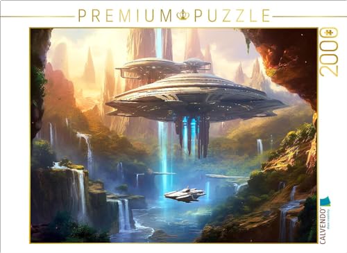 CALVENDO Puzzle Science Fiction - Reise zu fremden Planeten - Wasserfall Besucher | 2000 Teile Lege-Größe 90 x 67 cm Foto-Puzzle für glückliche Stunden von CALVENDO