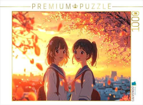 CALVENDO Puzzle Shoujo Anime im Sonnenuntergang – Freundinnen in Schuluniform unter Kirschblüten | 1000 Teile Lege-Größe 64 x 48 cm Foto-Puzzle für glückliche Stunden von CALVENDO