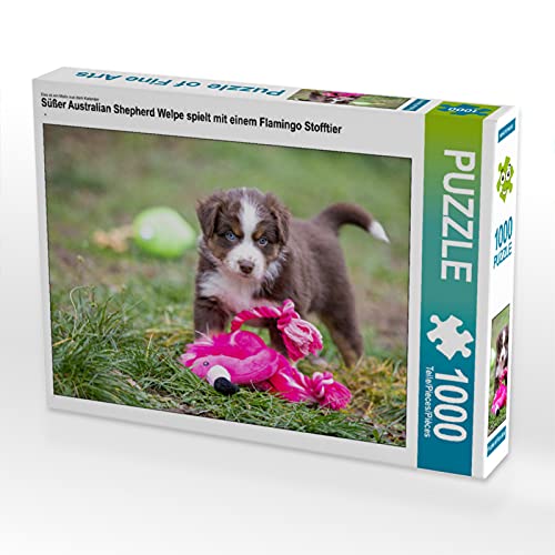 CALVENDO Puzzle Süßer Australian Shepherd Welpe spielt mit einem Flamingo Stofftier 1000 Teile Lege-Größe 64 x 48 cm Foto-Puzzle Bild von Fotodesign Verena Scholze von CALVENDO