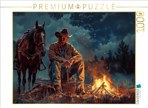 CALVENDO Puzzle Verdienter Feierabend - Cowboy und Pferd am Lagerfeuer | 1000 Teile Lege-Größe 64 x 48 cm Foto-Puzzle für glückliche Stunden von CALVENDO