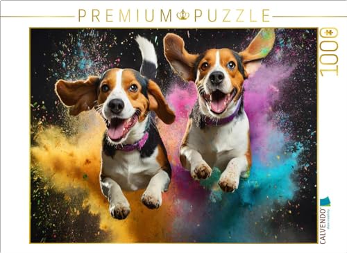 CALVENDO Puzzle Zwei Beagle springen in Einer bunten Holi Pulver Farbwolke | 1000 Teile Lege-Größe 64 x 48 cm Foto-Puzzle für glückliche Stunden von CALVENDO