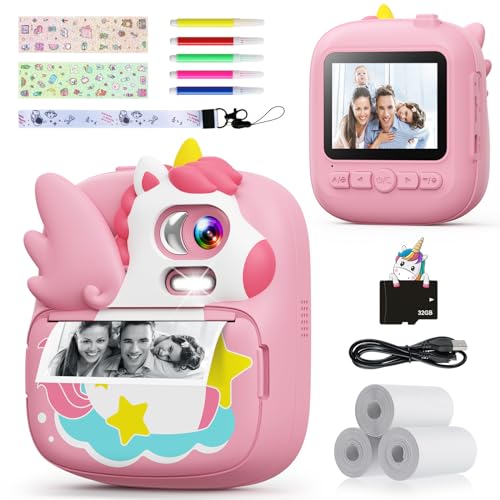 CAMCLID Kinderkamera Sofortbildkamera, 2,4 Zoll Sofortbildkamera Kinder mit 32G TF Karte und Fotopapier Drucken, 1080P HD Digitalkamera Kinder, Geschenke für Jungen und Mädchen 3-12 Jahre(Rosa) von CAMCLID