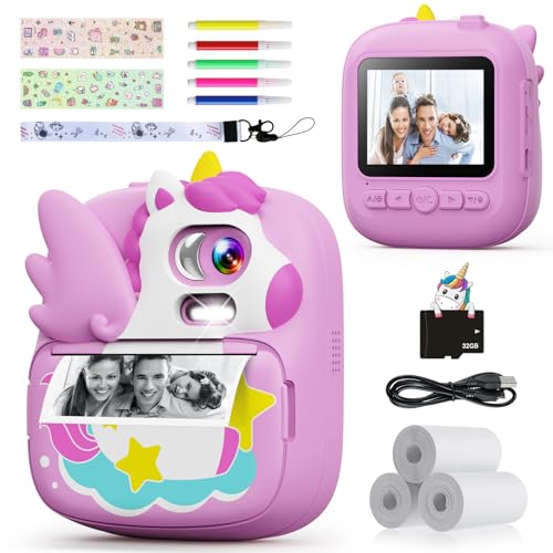 CAMCLID Kinderkamera Sofortbildkamera, 2,4 Zoll Sofortbildkamera Kinder mit 32G TF Karte und Fotopapier Drucken, 1080P HD Digitalkamera Kinder, Geschenke für Jungen und Mädchen 3-12 Jahre (Lila) von CAMCLID