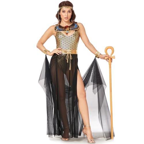 CAMDOM Ägyptische Göttin Kostüm Erwachsene Damen Halloween Kleid Schwarz Gold Königin Kleopatra Kostüm von CAMDOM