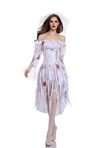 CAMDOM Damen Gothic Braut Kostüm mit Hochzeitsschleier Halloween Rollenspiel Zombie Kleid von CAMDOM