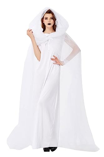 CAMDOM Damen Halloween Vampir Geisterbraut Kostüm Weißes Kleid und lange Kapuze Tüllmantel Umhang Cosplay Kostüme von CAMDOM