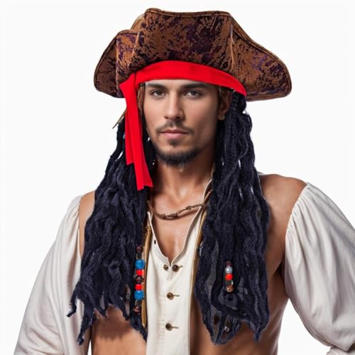 CAMDOM Erwachsener Deluxe Piratenhut mit Dreadlocks-Haaren Halloween Kolonial Kunstleder Dreieck Kostüm Zubehör von CAMDOM