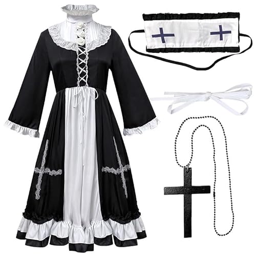 CAMDOM Halloween Nonne Cosplay Kostüm Schwarz Weiß Kreuz Nonne Uniform gepaart mit Kreuz Nonne Lolita Kleid Set von CAMDOM