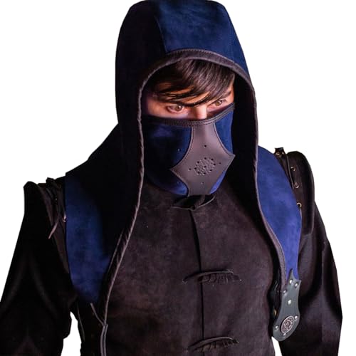 CAMDOM Renaissance Mittelalter Wikinger Schurkenkutte Haube Umhang Hut und Gesichtsmaske aus Wildlederimitat für Halloween, Cosplay, Blau, 2 Stück von CAMDOM