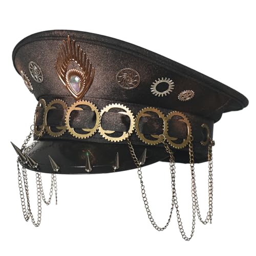 CAMDOM Steampunk Militär Hut Kapitän Mütze Musik Festivals Brennender Mann Handgemachte Hüte Metall Verzierte Spikes Kopfbedeckung mit Zahnrädern für Cosplay und Karneval von CAMDOM