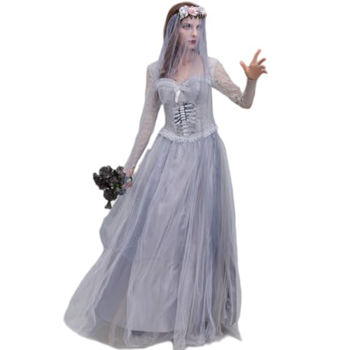 CAMDOM Women's Ghost Bride Costume Vampire Zombie Long Dress Halloween Costume Carnival Horror Cosplay Grey von CAMDOM