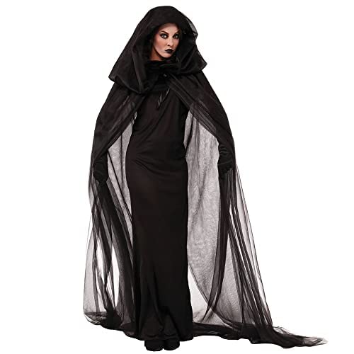 Damen Geisterbraut Kostüm Halloween Karneval Cosplay Kostüm Hexe Vampir Langer Umhang Umhang Kleid, Schwarz , L von CAMDOM