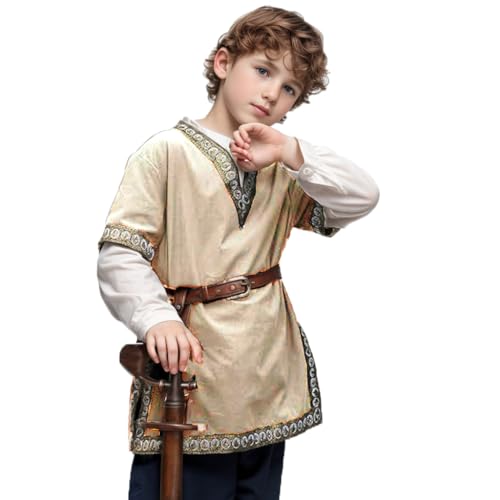 Jungen Renaissance Wikinger Pirat V Ausschnitt Shirt Mittelalter Ritter Kostüm Tops, Beige, 10-12 Jahre von CAMDOM