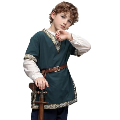 Jungen Renaissance Wikinger Pirat V Ausschnitt Shirt Mittelalter Ritter Kostüm Tops, Grün , 10-12 Jahre von CAMDOM