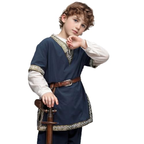 Jungen Renaissance Wikinger Pirat V Ausschnitt Shirt Mittelalter Ritter Kostüm Tops, Marineblau, 10-12 Jahre von CAMDOM