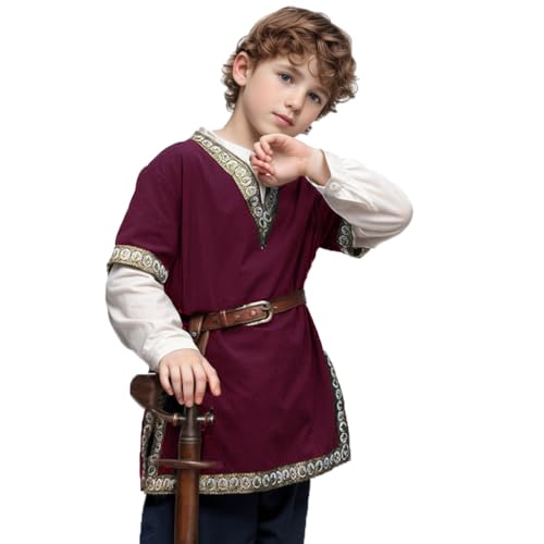 Jungen Renaissance Wikinger Pirat V Ausschnitt Shirt Mittelalter Ritter Kostüm Tops, Rot/Ausflug, einfarbig (Getaway Solids), 6-8 Jahre von CAMDOM