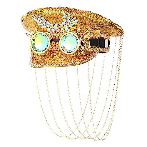 Pailletten Festival Hut Hen Party Hüte Einzigartige Erwachsene Militär Captain Headwear Top Steampunk Cap mit Brille von CAMDOM