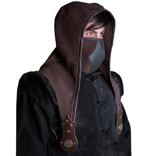 Renaissance Mittelalter Wikinger Schurkenkutte Haube Umhang Hut und Gesichtsmaske aus Wildlederimitat für Halloween, Cosplay, Kaffee, 2 Stück von CAMDOM