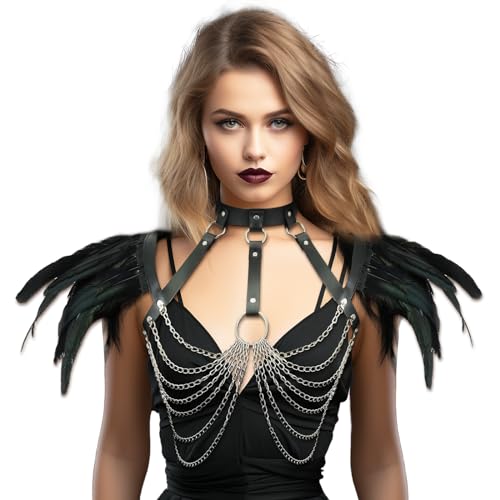 Retro Feder Schultergurt Gothic Party Zubehör Spitze Kragen Shrug Cape Leder Gürtel Wrap von CAMDOM