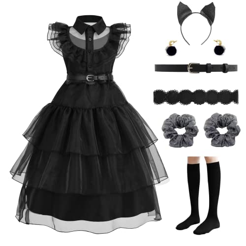 CANBERRIES Halloween Mittwoch Kostüm Mädchen Peter Pan Kragen Midikleid Schwarz Cosplay Kleid Mittwoch Familie Kleid Hexenkostüm verkleiden(Schwarz, 110) von CANBERRIES