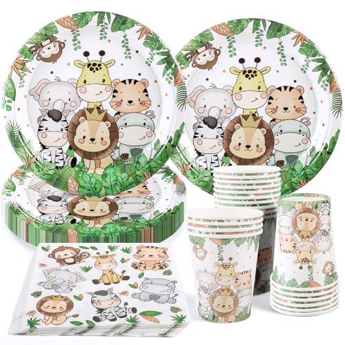 50 Teile Dschungel Tiere Partygeschirr Set,Einweggeschirr Set für 10 Gäste Papier Teller Tassen Servietten Kindergeburtstag Wild One Geburtstag Deko Partyzubehör Babyparty Junge Mädchen Set von CANCJ