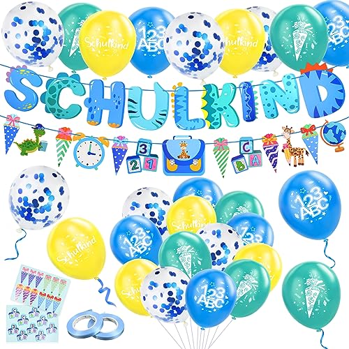 Einschulung Deko,Schulkind Deko Einschulungsdeko Junge Mädchen,Schuleinführung Deko Schulanfang Deko,Schulkind Girlande,Luftballon mit ABC,123 Motiv für Jungen Mädchen,Aufkleber Einschulung,Blau von CANCJ