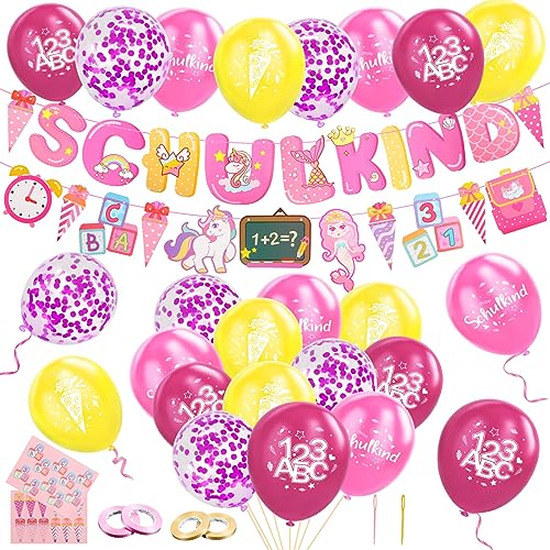 Einschulung Deko,Schulkind Deko Einschulungsdeko Junge Mädchen,Schuleinführung Deko Schulanfang Deko,Schulkind Girlande,Luftballon mit ABC,123 Motiv für Jungen Mädchen,Aufkleber Einschulung,Rosa von CANCJ