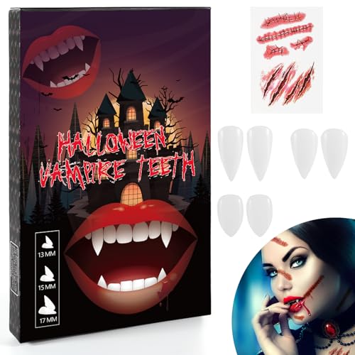 Halloween Vampir Zähne,3 Paar Fangs Kit mit Pellets Klebstoff (Wiederverwendbar),Vampirzähne Passend zum Horror Kostüm, Gruselig für Halloween Cosplay Party , Zombie, Monster,Cosplay, Teufel von CANCJ