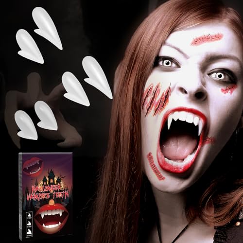 Vampir Zähne,3 Paar Vampire Teeth Halloween Fangs Erwachsene Kinder Vampirzähne zum Aufstecken mit Pellets Klebstoff Wiederverwendbar,Vampirzähne zum Aufstecken Horror, für Halloween Cosplay Party von CANCJ