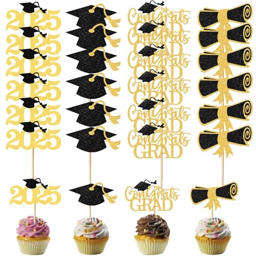 24-teilige Cupcake-Topper zum Schulabschluss 2025, Abschlussparty-Dekorationen, 4 Stile, Abschlusskuchen-Dekorationen von 2025, Kuchentopper, Abschlusskuchentopper, Klasse mit Abschlusskappe von CANIPHA