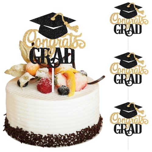 3 Stück "Congrats Grad Graduation Cake Topper 2025", Klasse 2025 Cake Topper Abschlussdekorationen schwarzer Glitzer, College-Abschlusskuchendekorationen, Abschlussparty-Dekorationen von CANIPHA