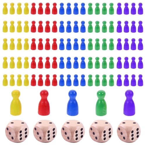 CANRNYACBZ 100 Stück Spielfiguren für Brettspiele Bunte Halmakegel Set und 5 Würfel aus Holz für Brettspiele Rot, Gelb, Blau, Grün,Violett Holzpuppen Spielfiguren Halmakegel 25x12cm Mühle Steine Set von CANRNYACBZ