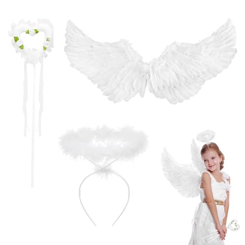 Engelsflügel Weiß, 60*35cm Engel Flügel Kostüm Kinder mit Heiligenschein und Zauberstab, Federflügel Engel Wings Weiss Engel Kostüm Damen Kinder für Halloween Karneval Cosplay Party Cosplay von CANRNYACBZ