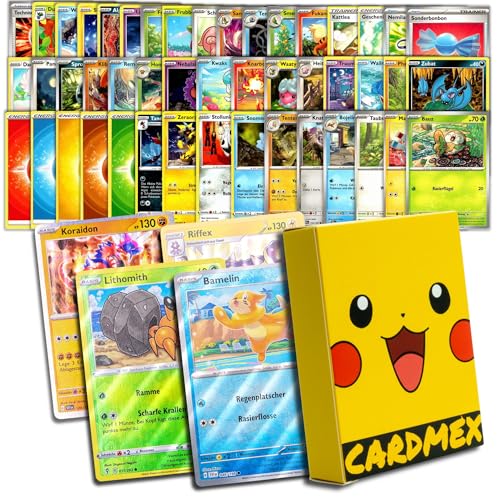 Cardmex 50 Original Monster und Trainer Karten Deutsch – Inkl. 4 Holo & Reverse-Holo Karten – Sammelkarten Set mit Schutzbox – Karten aus verschiedenen Sets und Editionen von CARDMEX