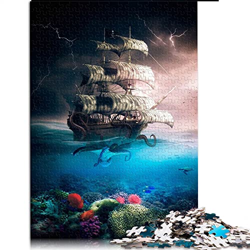 1000 Teile Puzzles Kraken greift Piratenschiff an Puzzles für Erwachsene Holzpuzzle Heimdekoration (Größe 50x75cm) von CARGIS