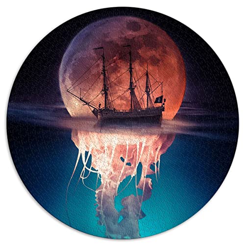 1000-teiliges Puzzle Sea Pirate Moon Jellyfish Runde Puzzles für Erwachsene und Kinder Kartonpuzzles Family Entertainment Toys (Größe 67,5 x 67,5 cm) von CARGIS