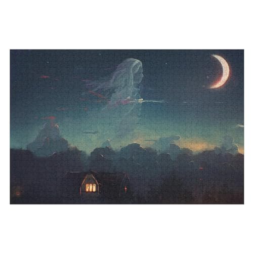 Klassische Puzzle für Erwachsene Teenager Freizeit Spaß Spiel Spielzeug Geeignet Ghost, Girl, Clouds, Moon, nightLernspielzeug FüR Kinder 70x50Papier von CARGUS