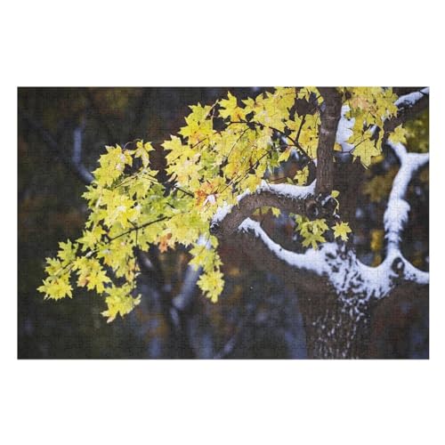 Klassische Puzzle für Erwachsene Teenager Freizeit Spaß Spiel Spielzeug GeeignetWinter, Yellow Green Maple Leaves, Snow, treeLernspielzeug FüR Kinder 38x26Papier von CARGUS