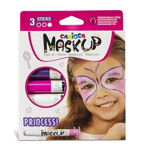 Carioca Mask Up Princess, Gesichtsbemalungsset für Mädchen, Make-up-Stifte, ideal für Weihnachten, Halloween, Karneval und Partys, 3 Farben und 2 Tutorials, dermatologisch getestet von Carioca