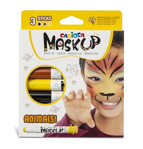 Carioca Mask Up Tiere, Schminkset für Jungen und Mädchen, Schminkstifte Ideal für Weihnachten, Halloween, Karneval und Partys - 3 Farben und 2 Anleitungen - Dermatologisch getestet von CARIOCA