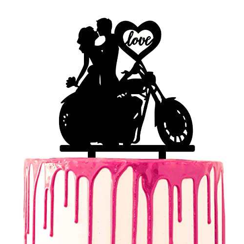 CARISPIBET Hochzeitstortenaufsatz, Motorrad, Bräutigam und Braut, Kuss, Herz mit Liebesschrift, Hochzeitstorte, Acryl, Silhouette, Dekoration von CARISPIBET